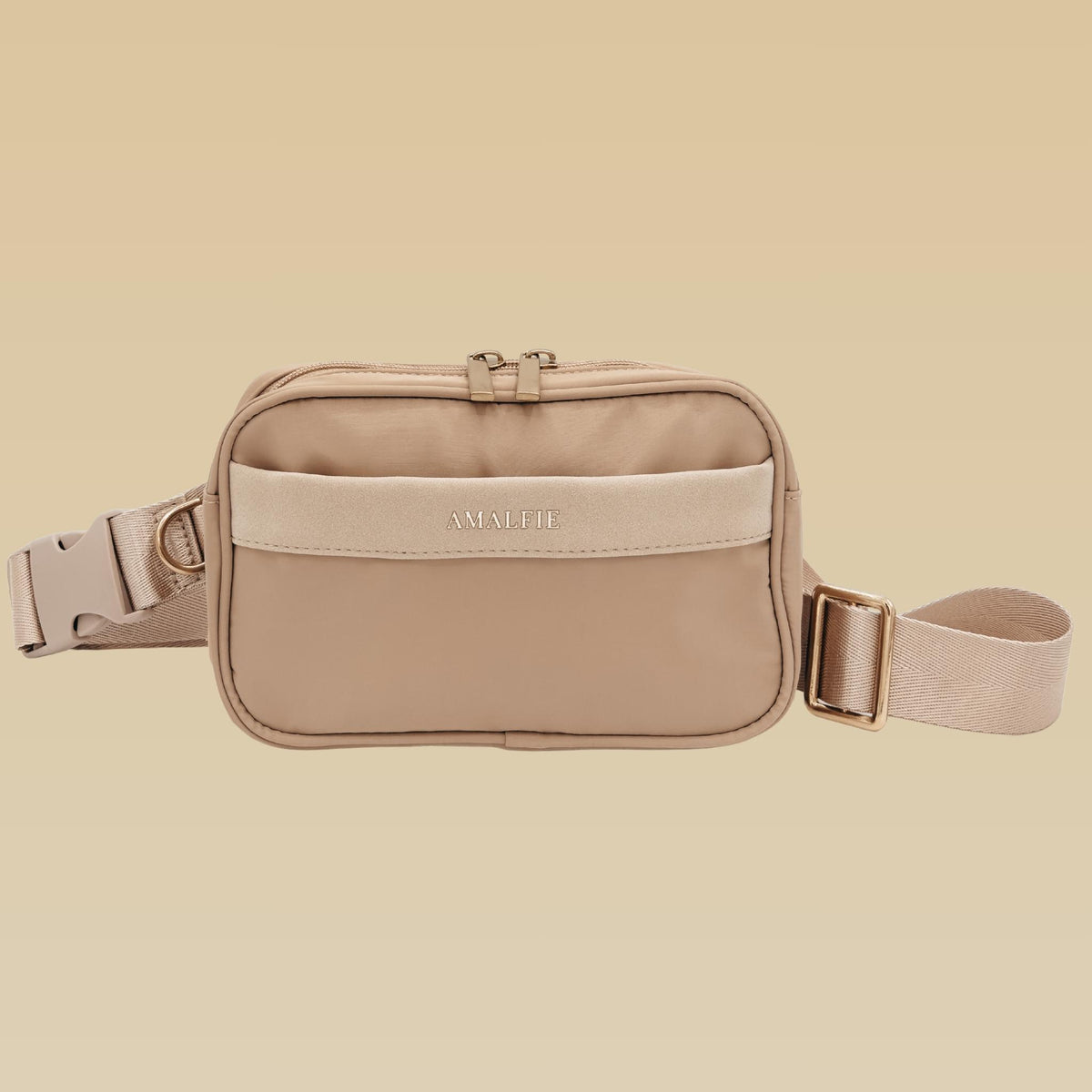 AMALFIE dog walking bag in Coastal Beige, front view with strap and buckle