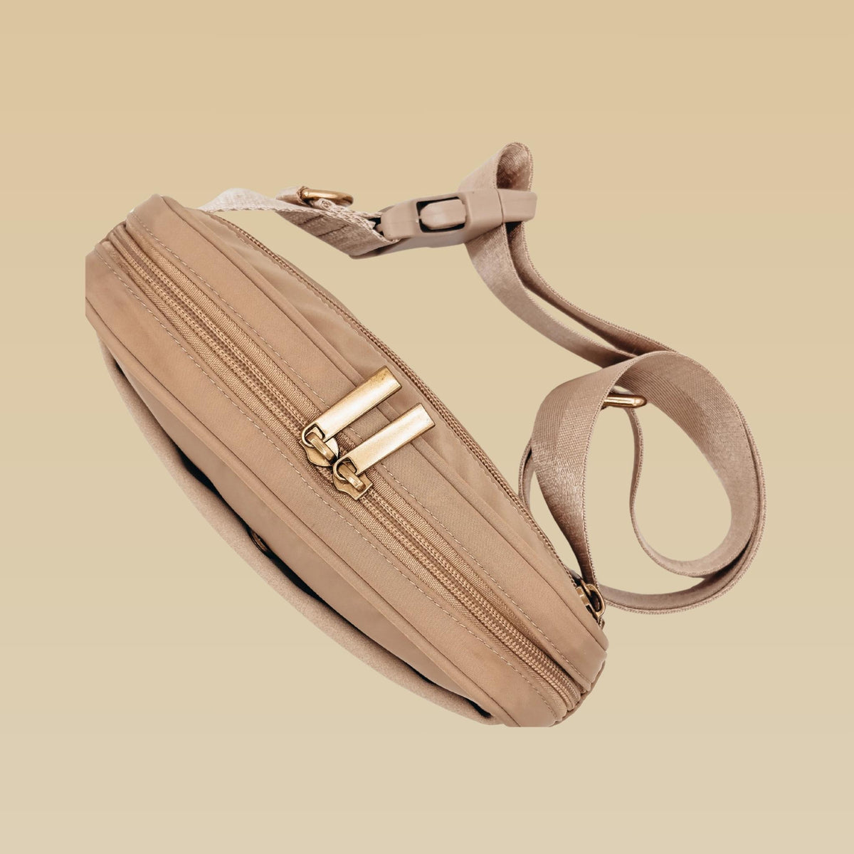 Coastal Beige dog walking bag from above showing double zip and strap
