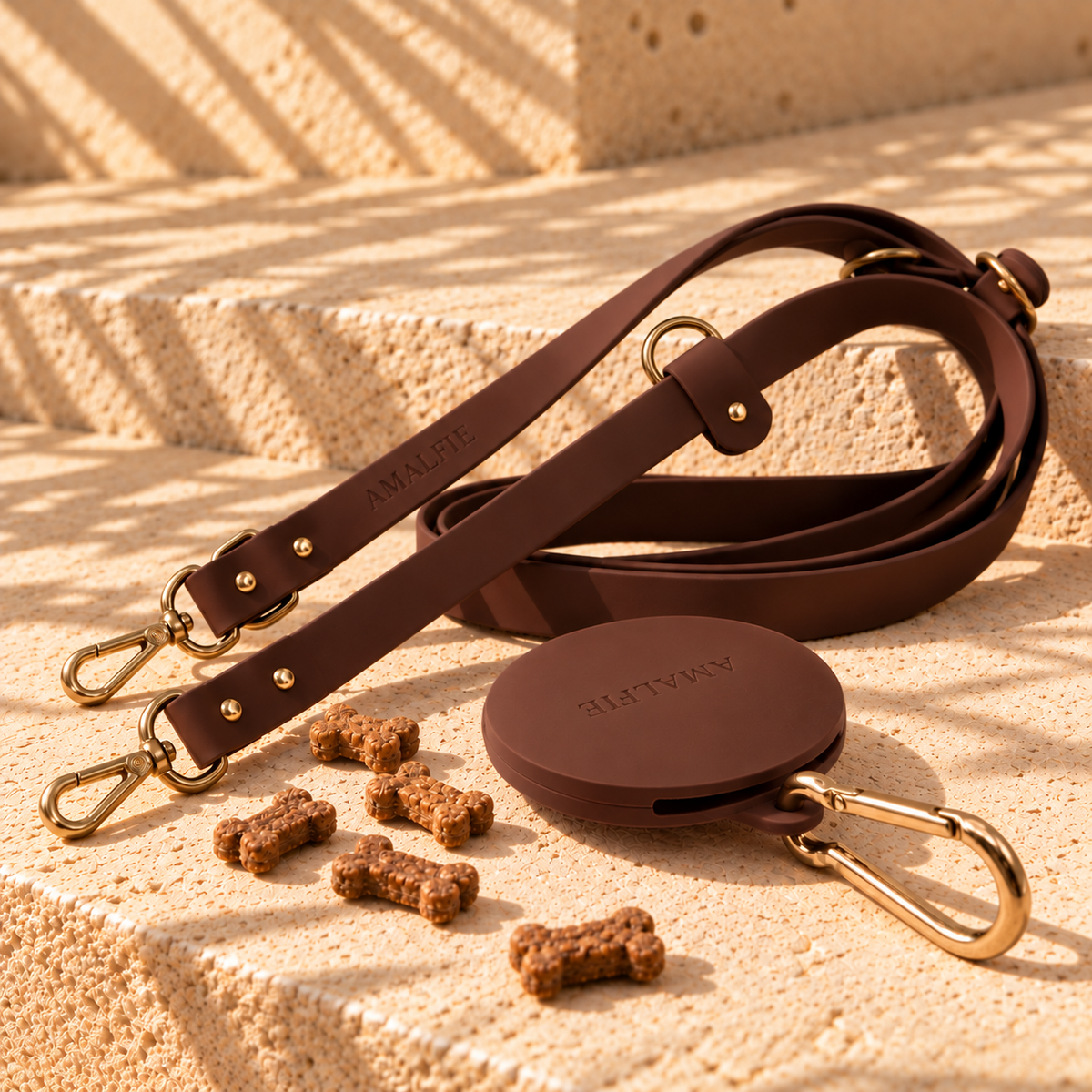 Espresso Brown waterproof dog lead and silicone treat pouch set on stone steps