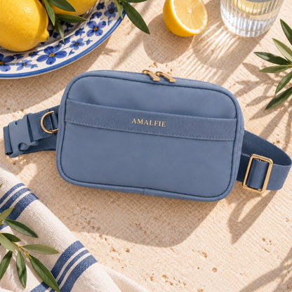 Positano Blue dog walking bag with water bottle