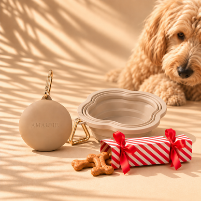 AMALFIE Christmas Dog Gift with treat pouch, collapsible bowl and Christmas bon bon