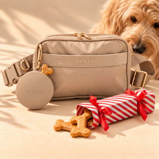 Dog mum Christmas gift: Coastal Beige dog walking bag and treat pouch with a Christmas cracker