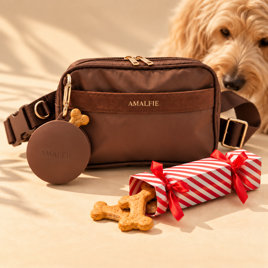 Dog mum Christmas gift: Espresso Brown dog walking bag and treat pouch with a Christmas cracker