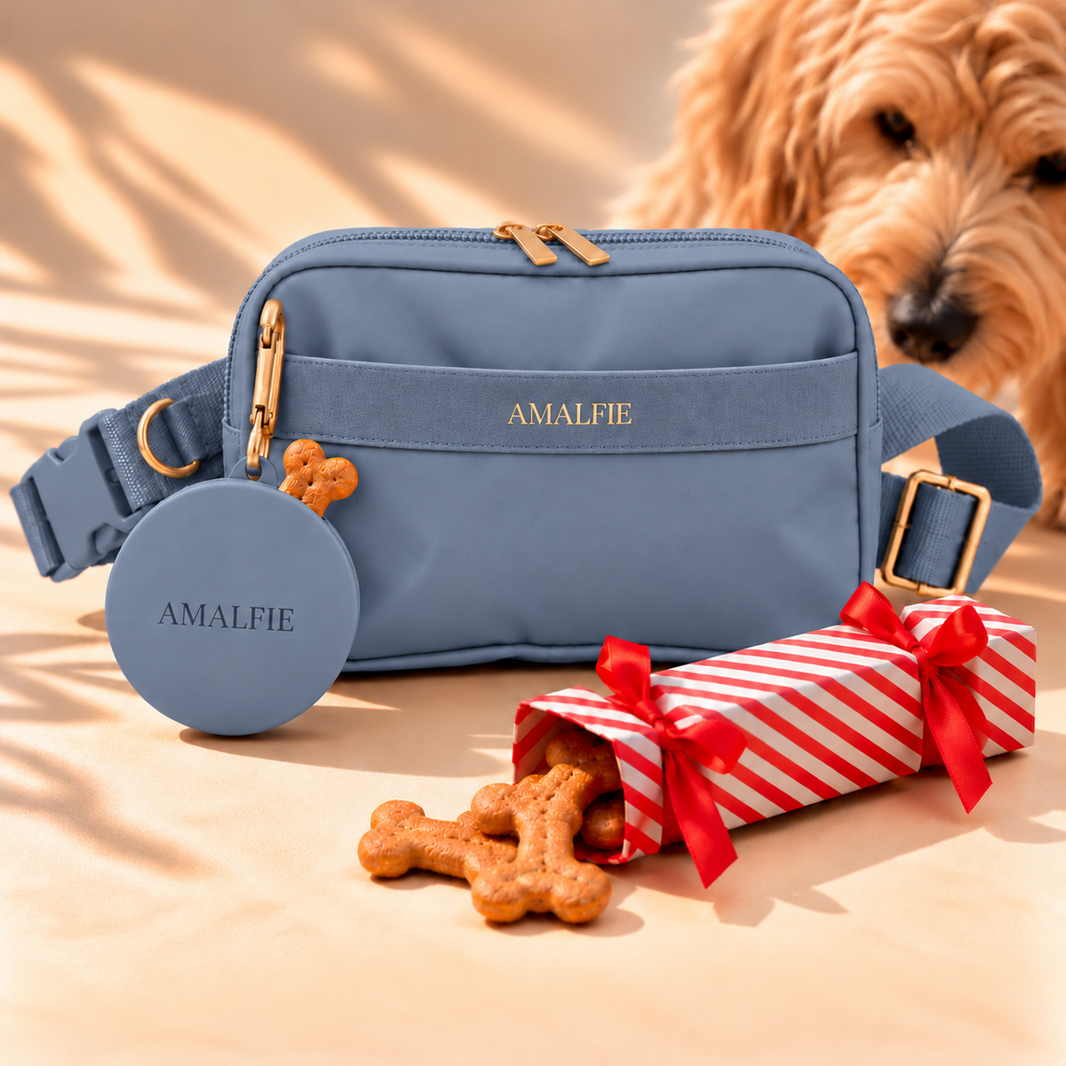 Dog mum Christmas gift: Positano Blue dog walking bag and treat pouch with a Christmas cracker