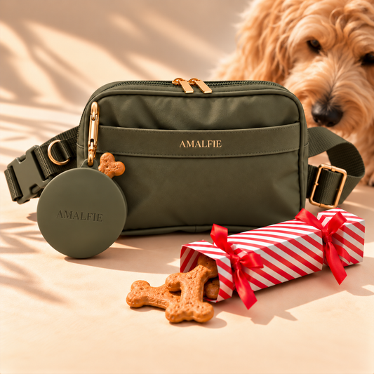Dog mum Christmas gift: Olive Green dog walking bag and treat pouch with a Christmas cracker