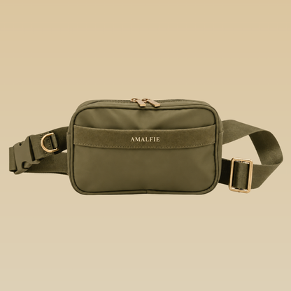 Olive green premium dog walking bag with hands-free crossbody design