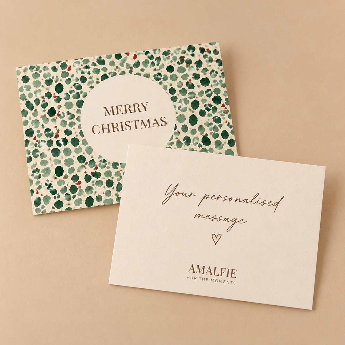 Merry Christmas card, front and back, with your personalised gift message, included with AMALFIE gifts