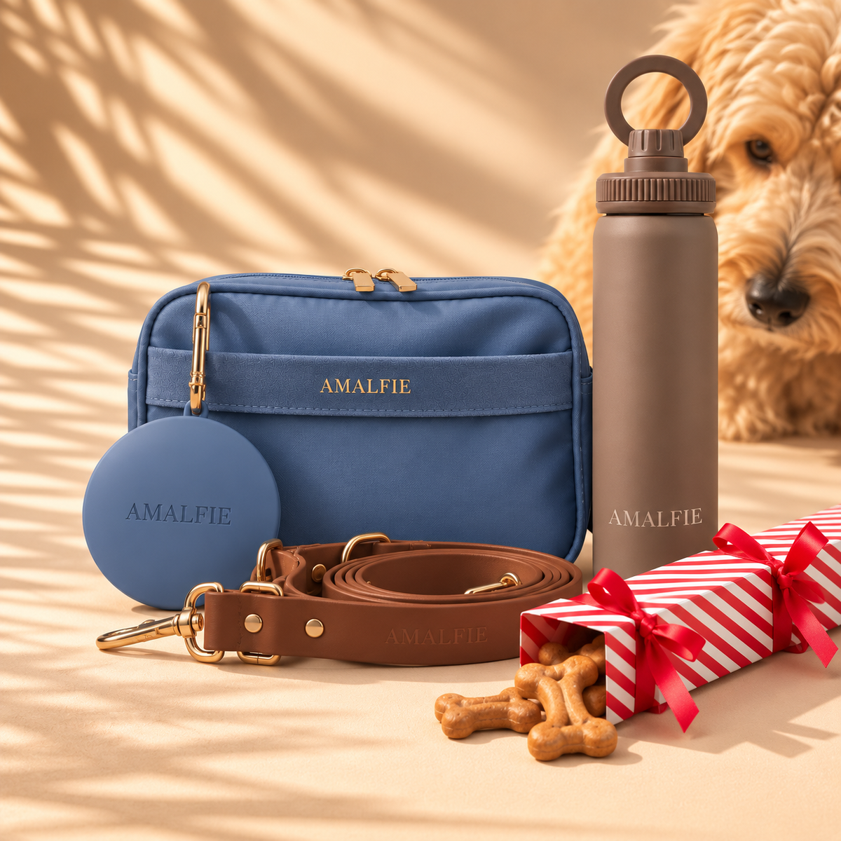 Dog owner Christmas gift: Positano Blue dog walking bag, treat pouch, hands-free lead and water bottle