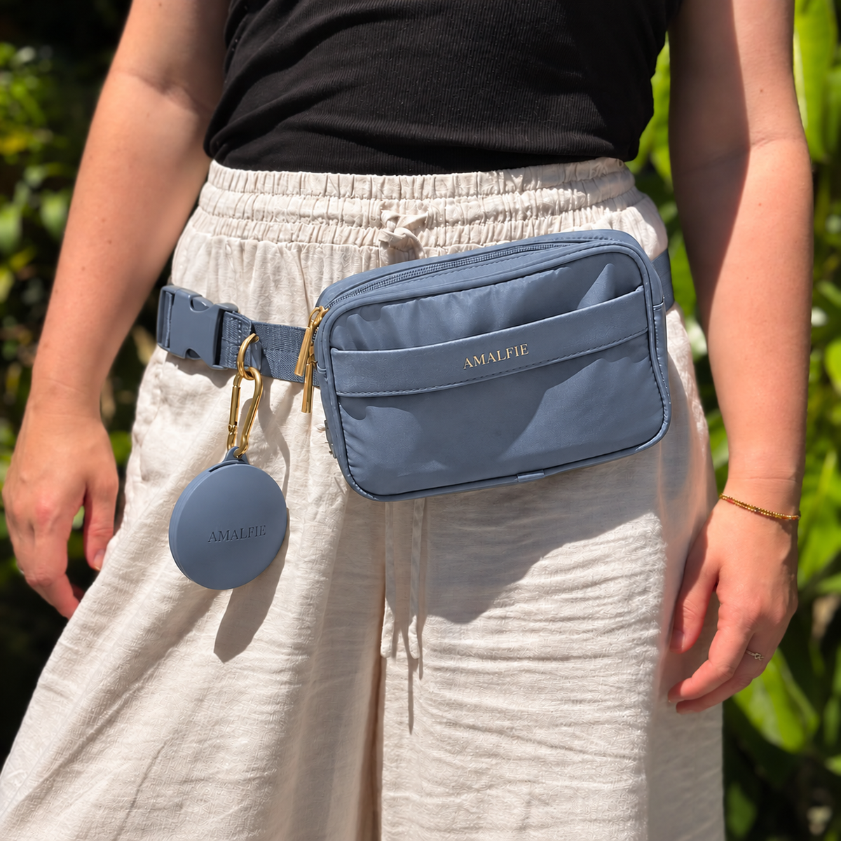 AMALFIE dog walking bag in Positano Blue worn at the waist